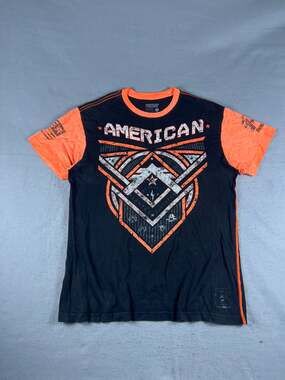 American Fighter T-Shirt Mens XL Black Orange All Over Print Affliction Fitness